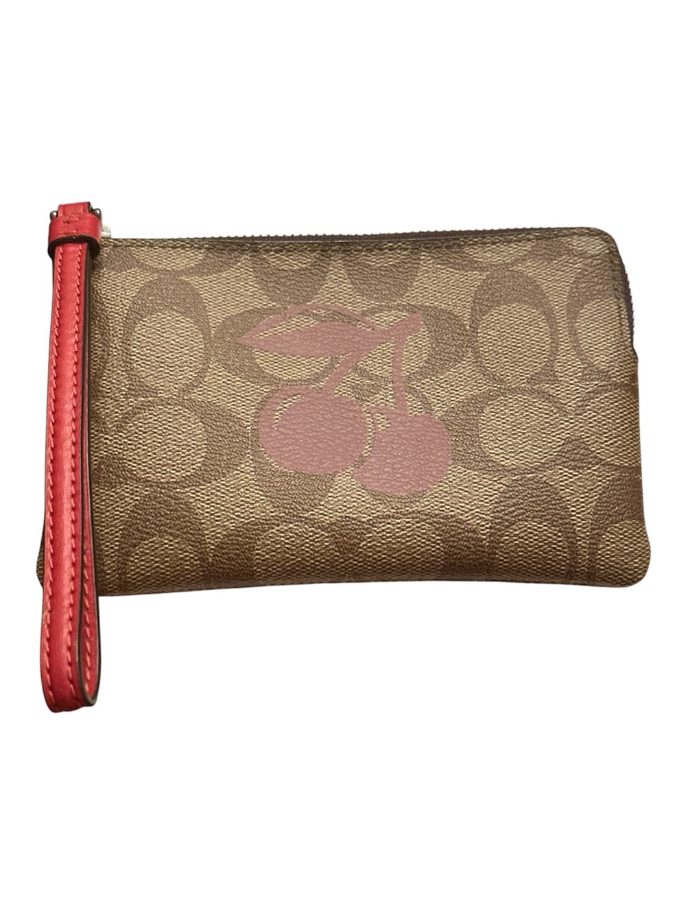 Coach Brown Signature Canvas Wristlet with Pink Cherry Detail